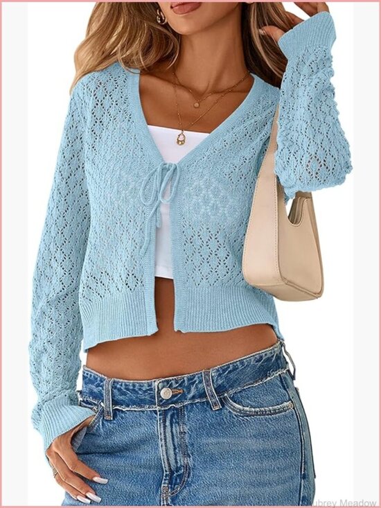 Sweaters - Crochet Tie Front Cardigan Shrug Long Sleeve Knit Crop Top